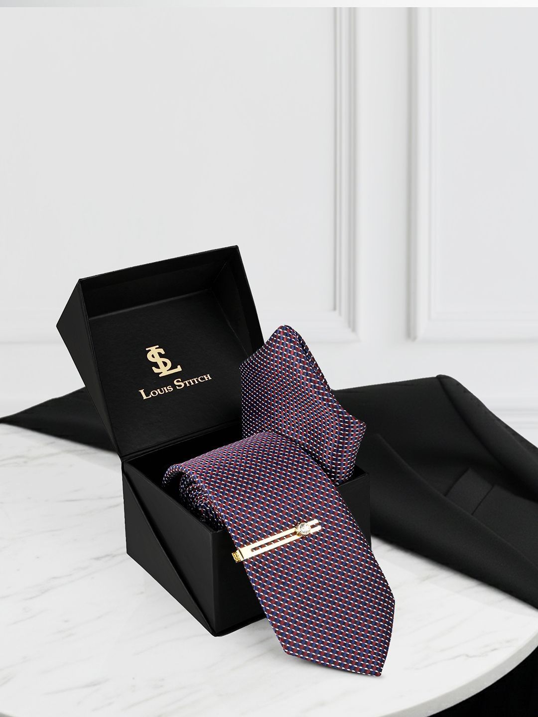LOUIS STITCH Men Rosewood Premium Tie Set with Pocket Square & Golden Tie Pin