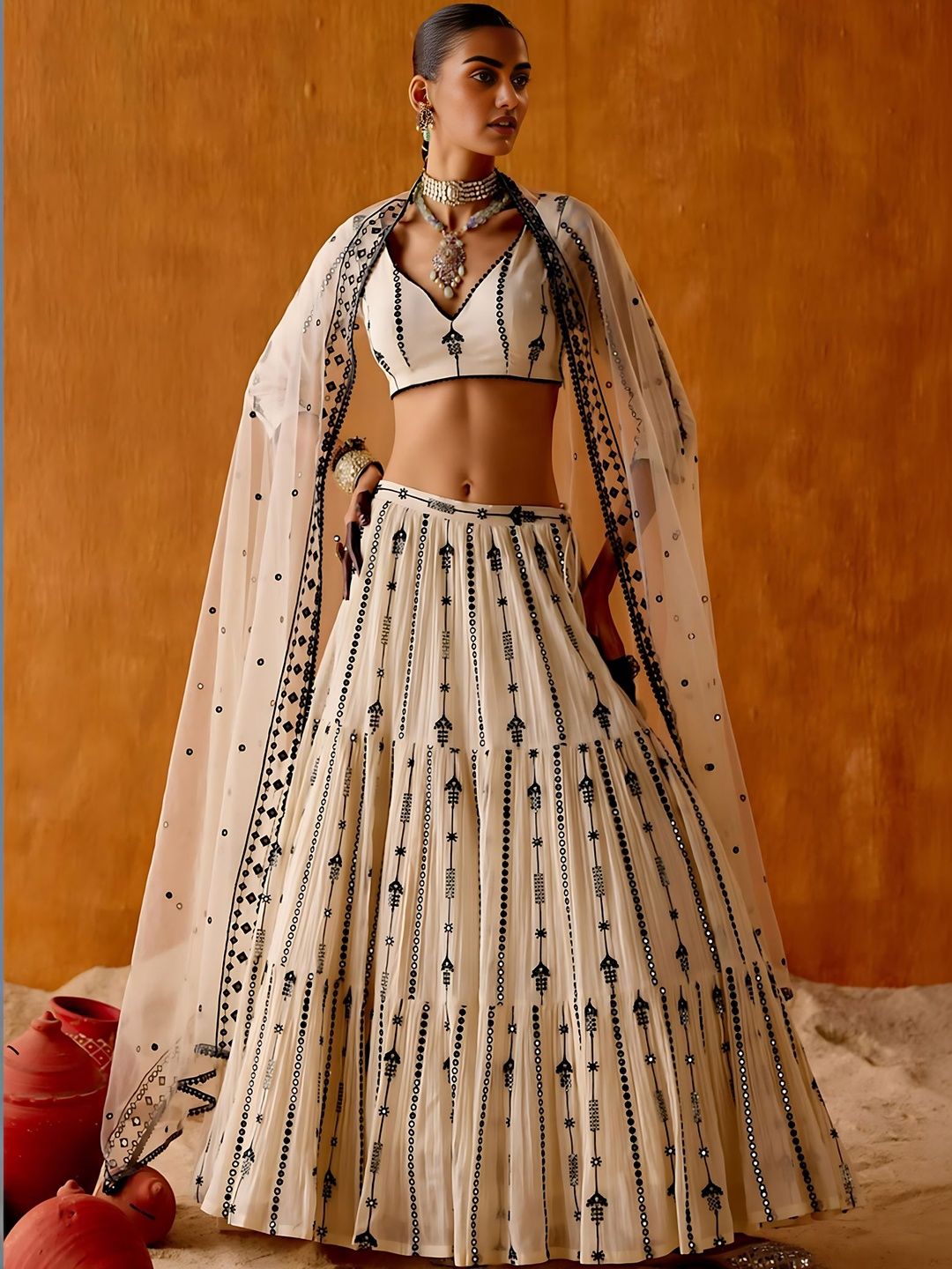 FAB WINDOW Embroidered Mirror Work Semi-Stitched Lehenga & Blouse With Dupatta