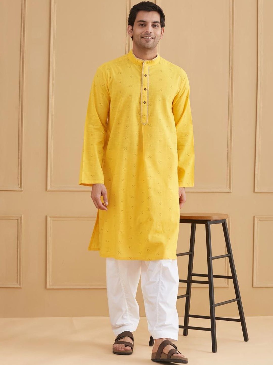 Fabindia Fabnu Yellow Cotton Kurta Long