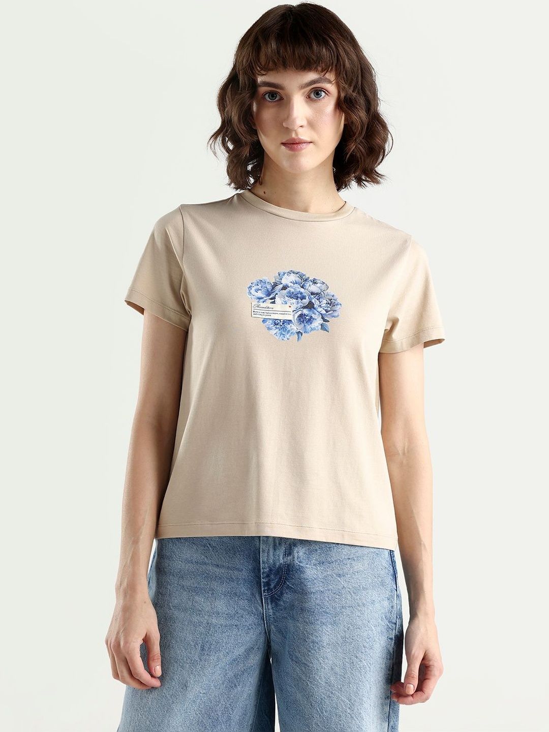 Women Zak T-Shirt RAREISM Women Beige Badge Print Regular Fit Half Sleeve Crew Neck T-Shirt