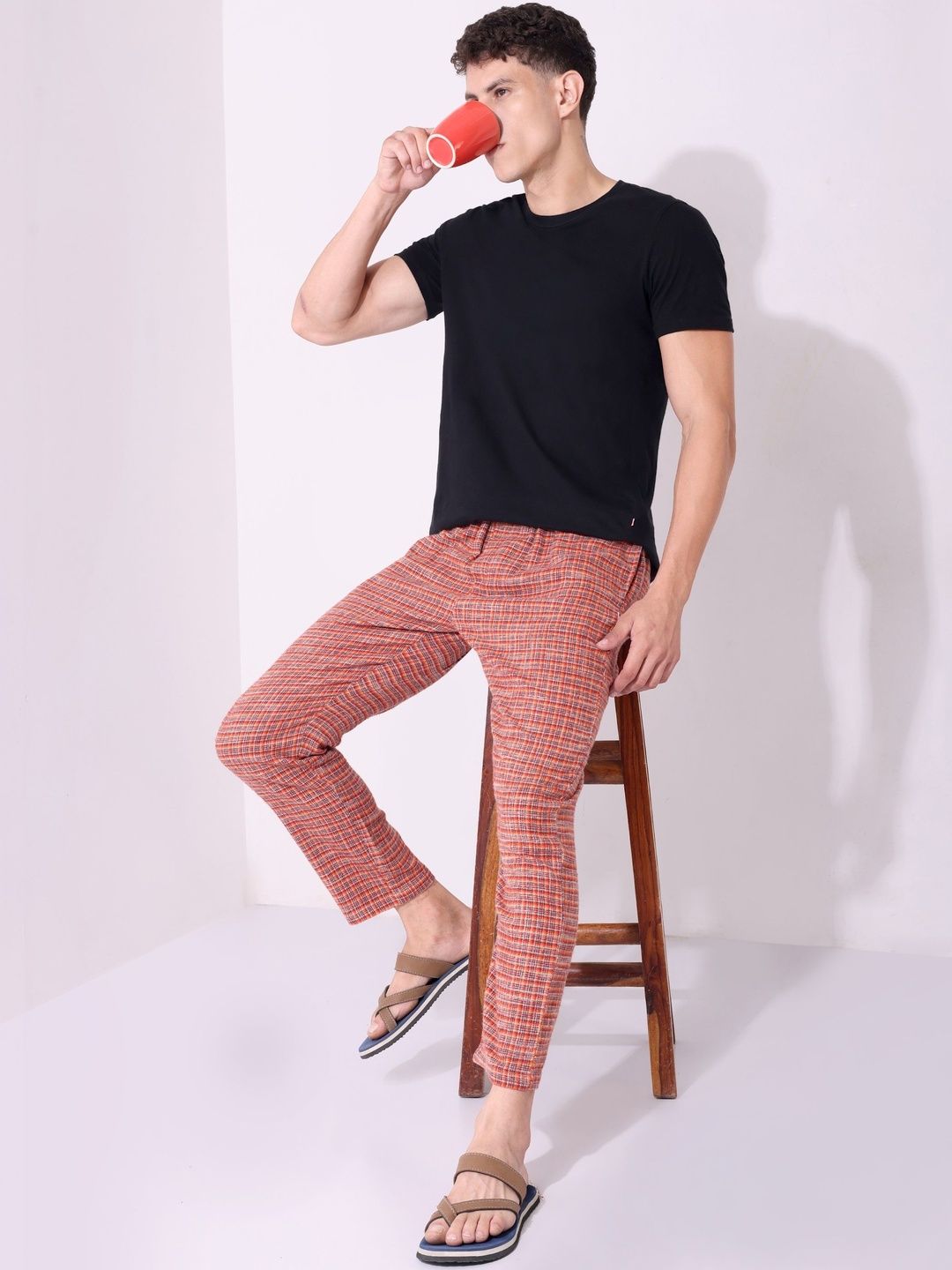 MINJAR Men Flannel Orange Checked Regulat Fit Lounge Pyjama