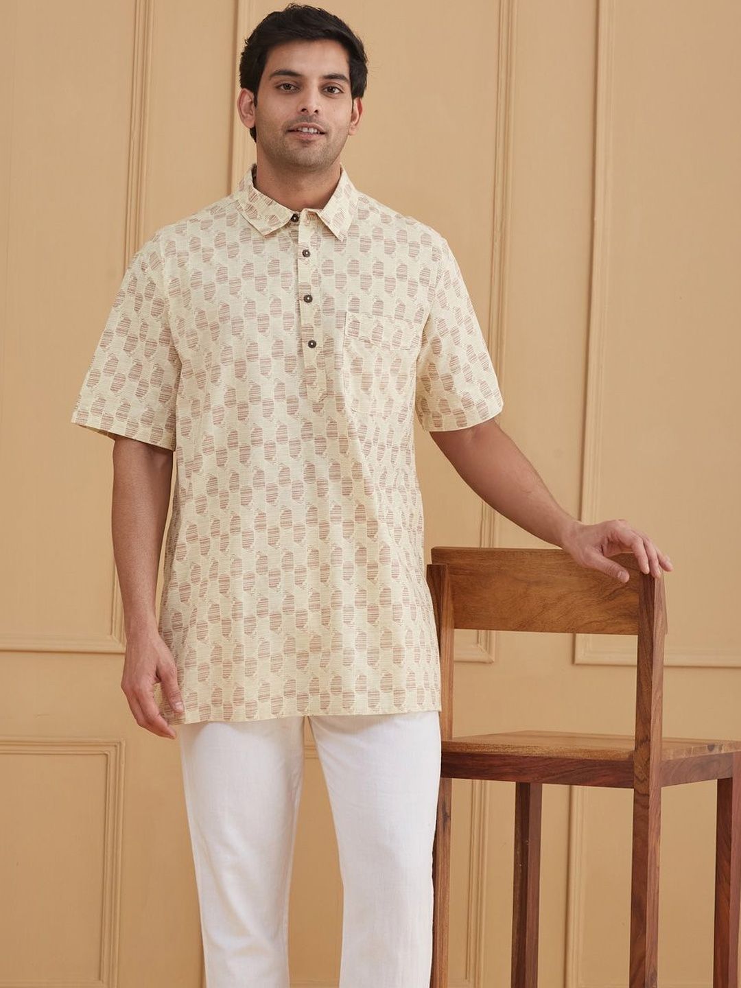 Fabindia Fabnu Beige Cotton Kurta Short