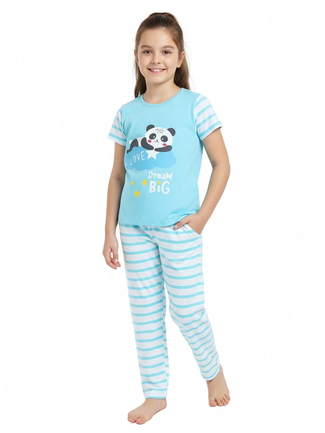 Todd N Kids Girls Blue & White Cartoon Characters Printed Night suit