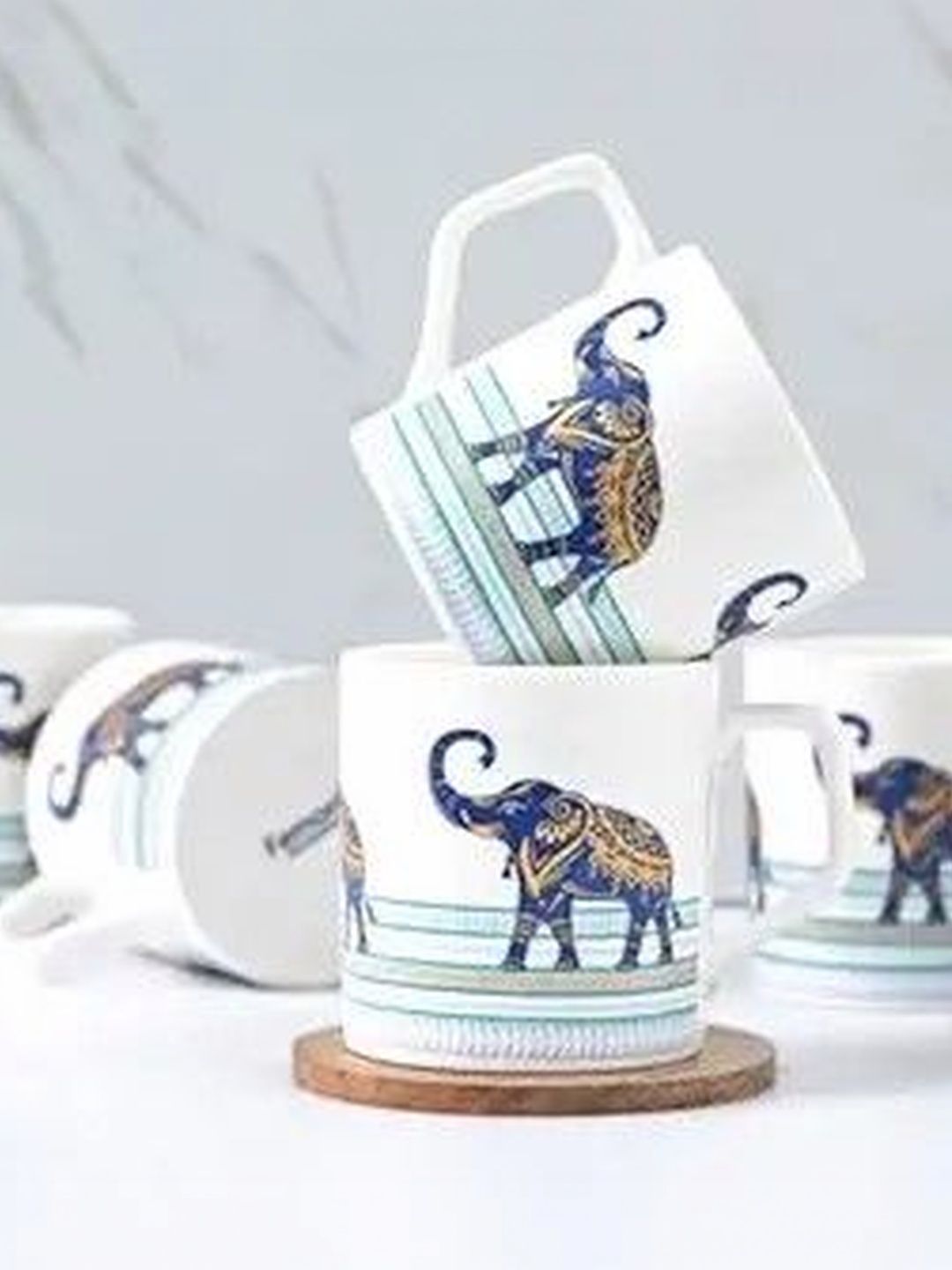 Femora Set of 6 Elegant Elephant Design Ceramic Tea Cups Blue & Gold 180 ml