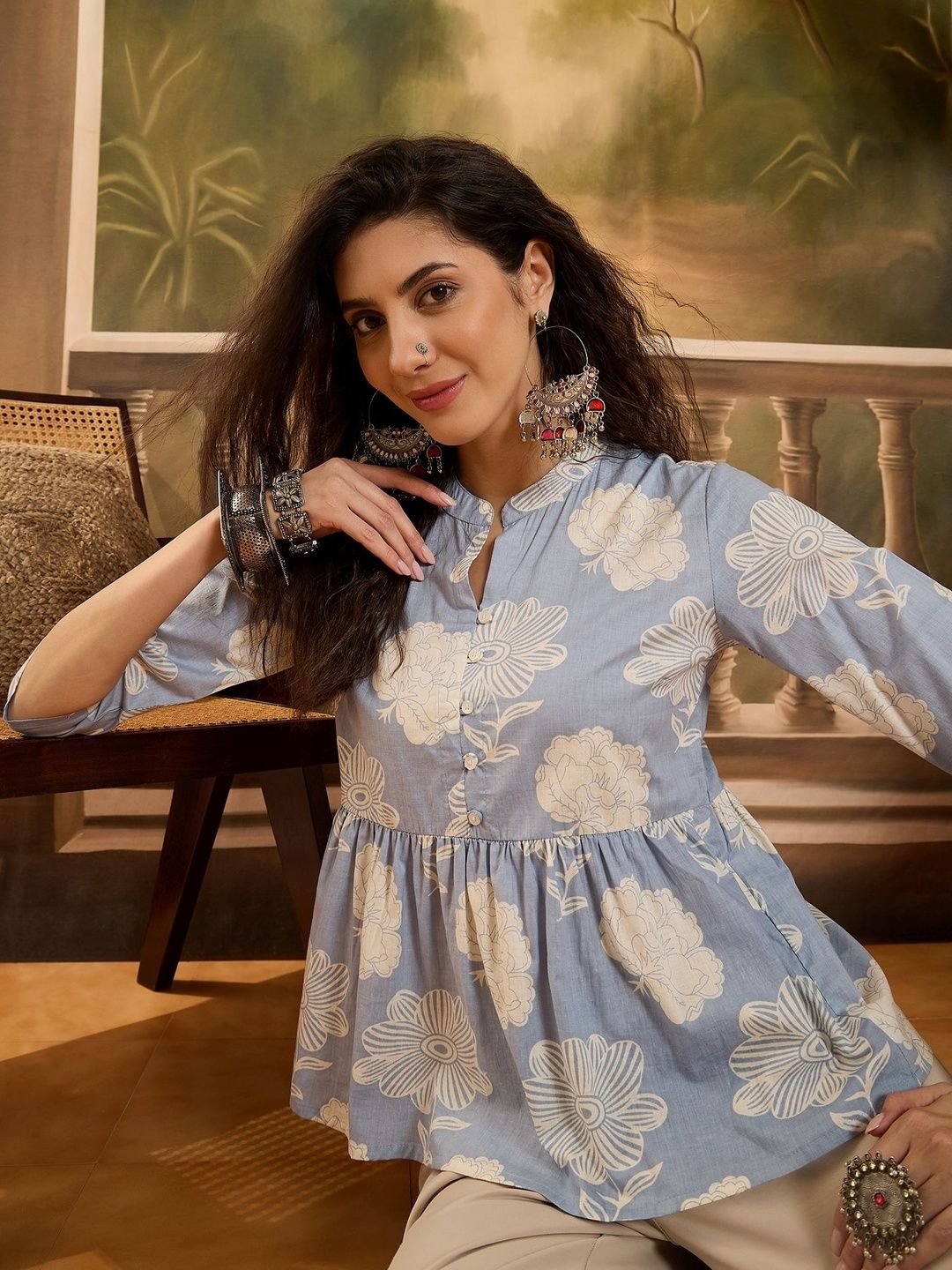 Buy Sangria Floral Printed Pure Cotton Mandarin Collar Peplum Top
