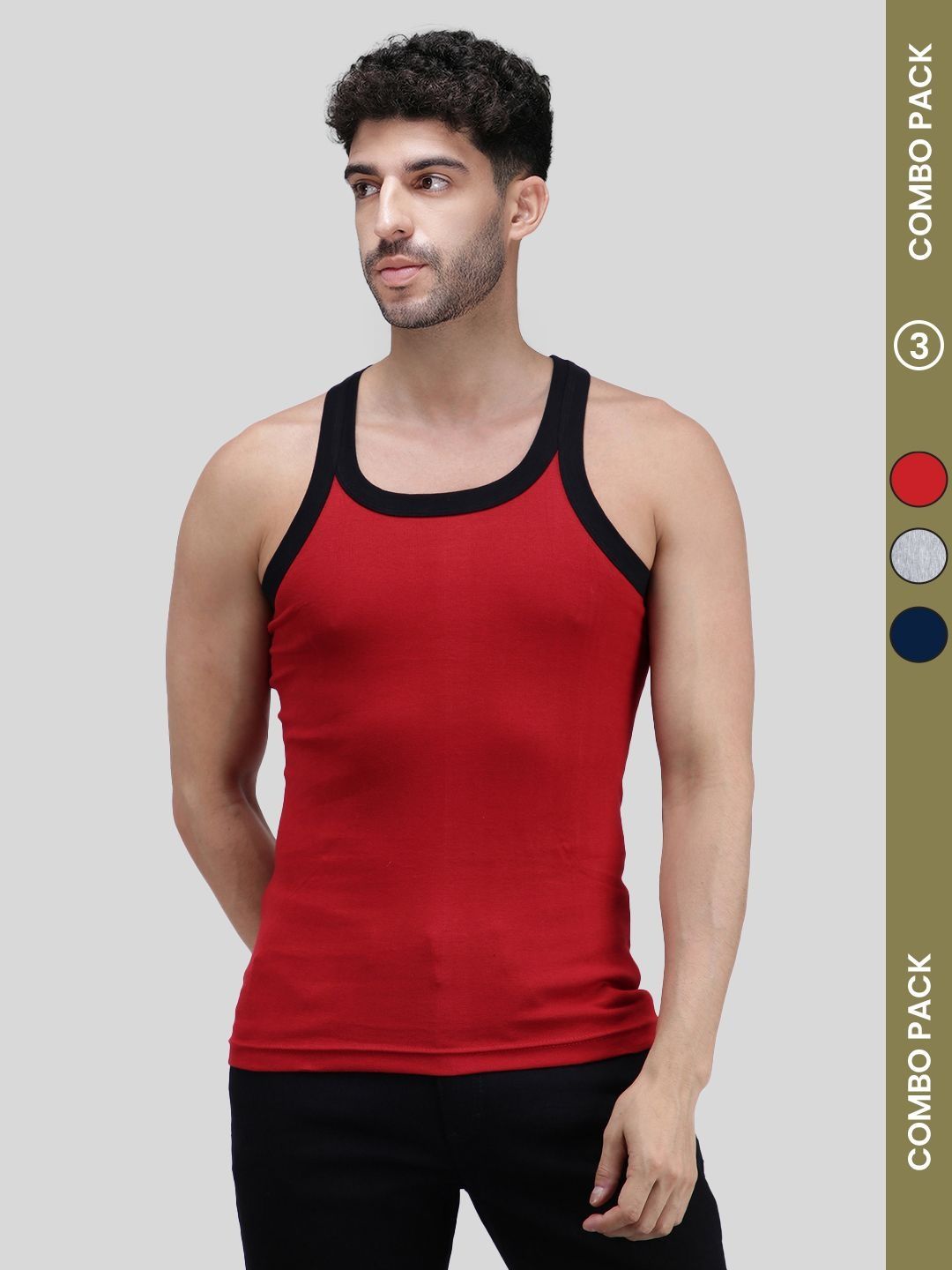 AMUL COMFY Pack of 3 Assorted Pure Cotton Round Neck Gym Vests