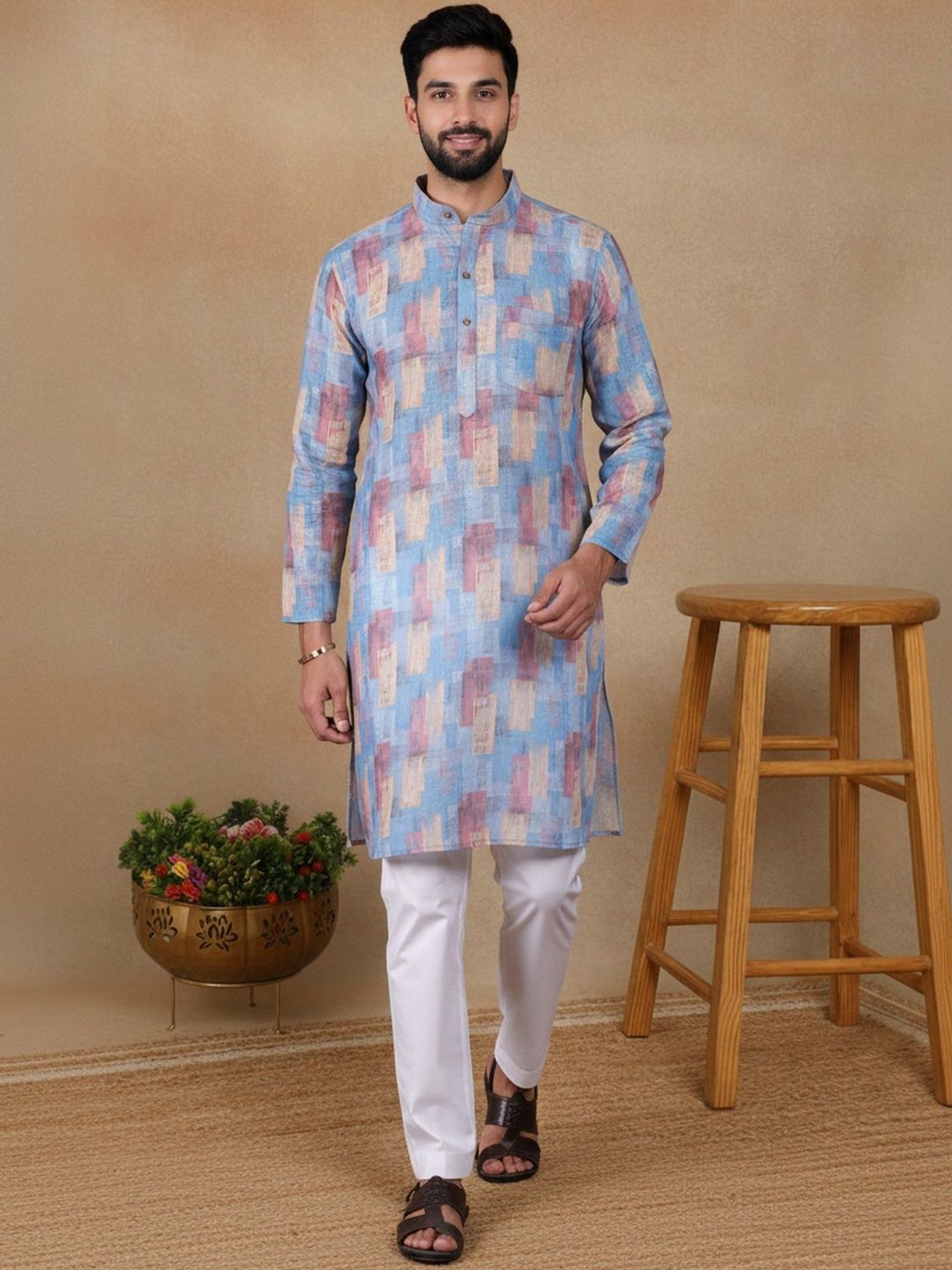 HERE&NOW Men Ethnic Motifs Printed Handloom Kurta