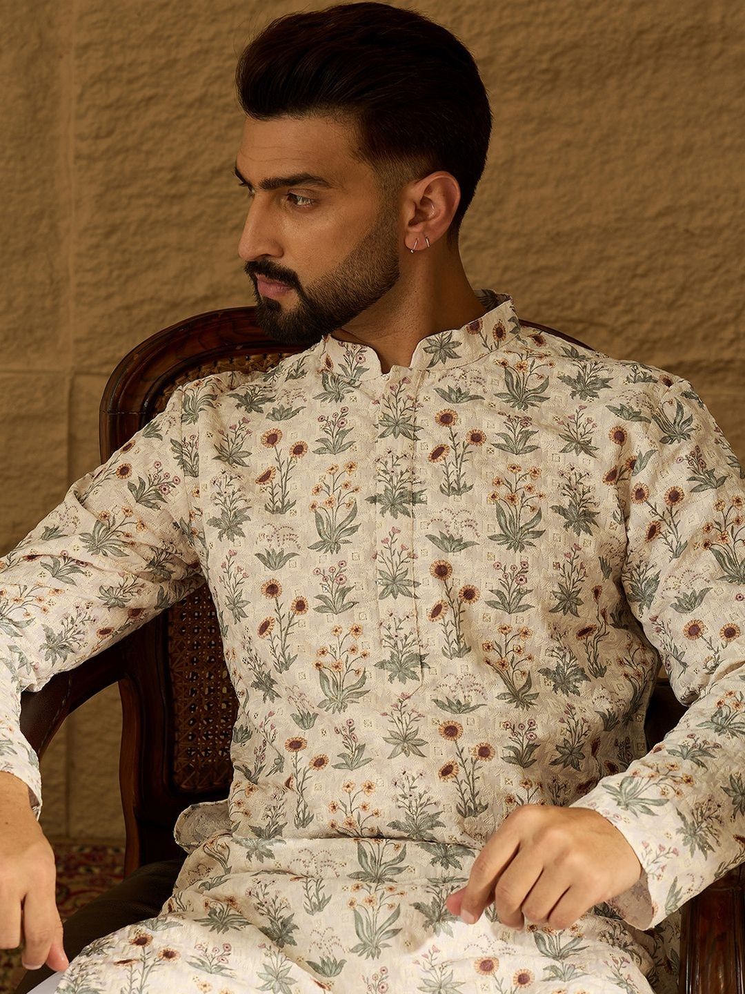 House of Pataudi Chikankari Printed Mandarin Collar Knee Length Straight Kurta