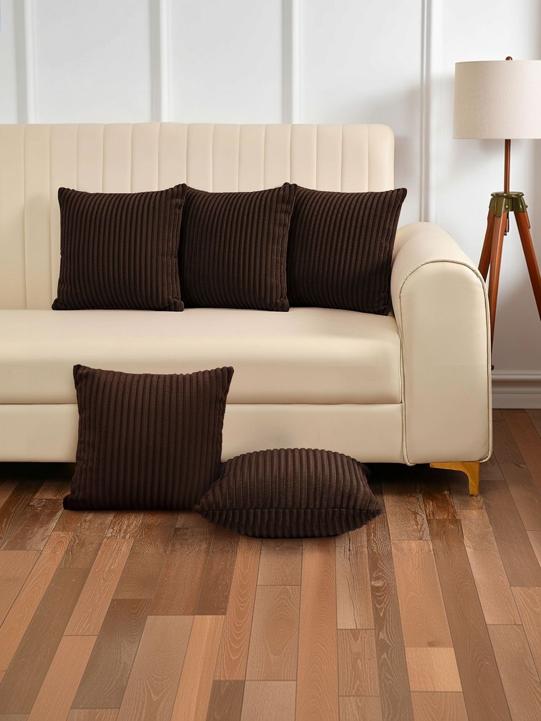 Yellow Weaves Coffee Brown Set of 5 Striped Square Cushion Covers