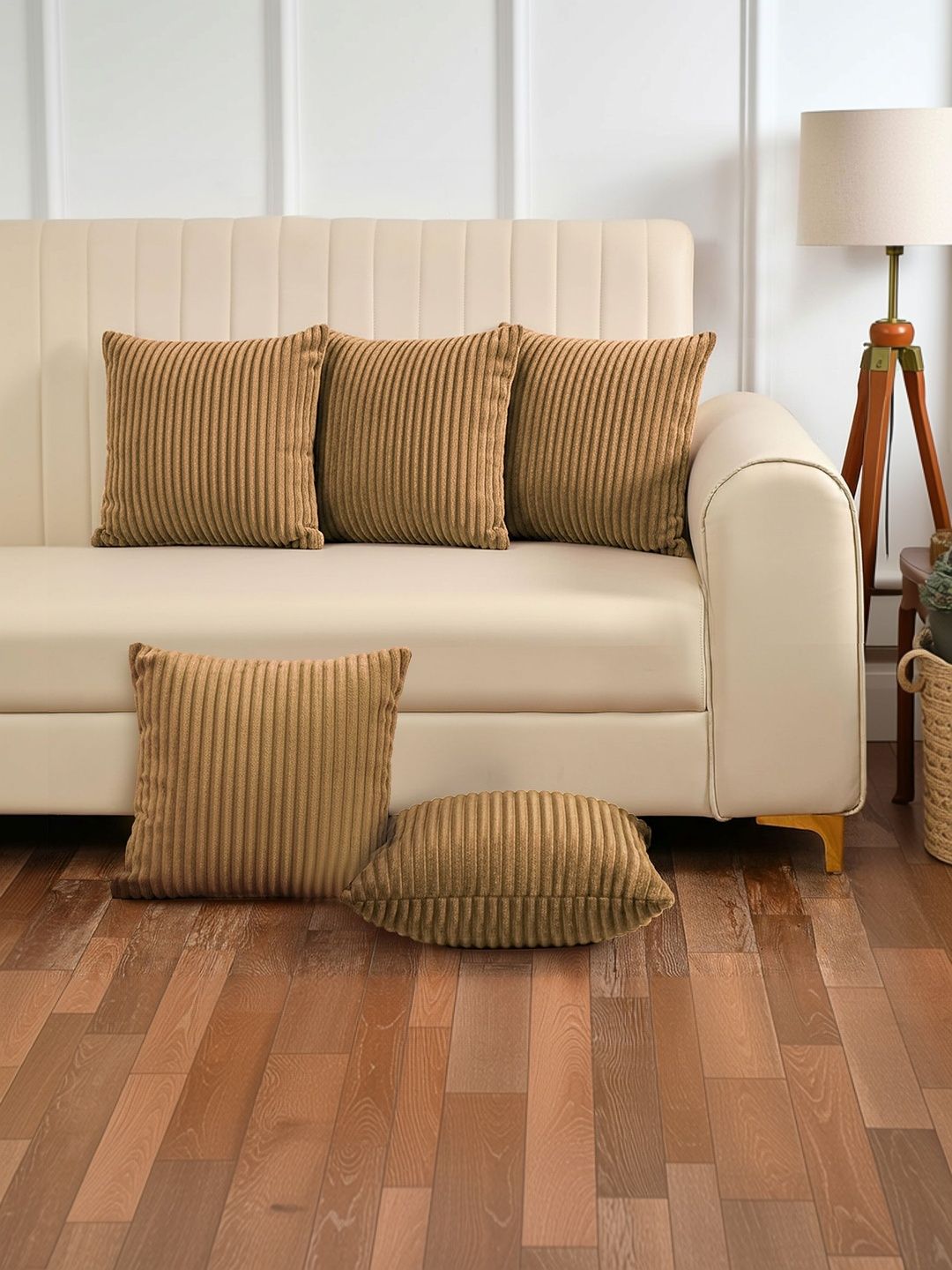 Yellow Weaves Brown Set of 5 Striped Square Cushion Covers