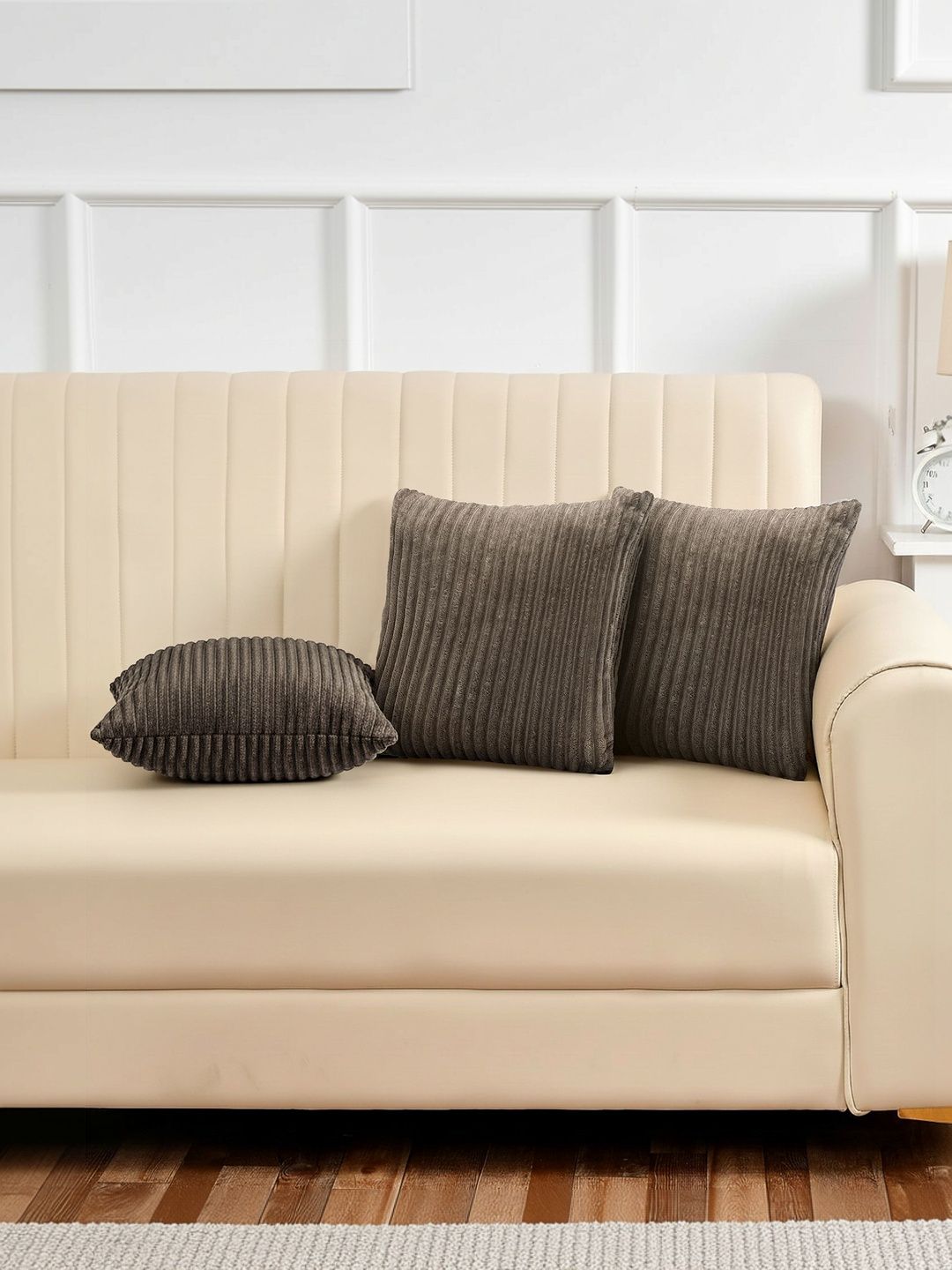 Yellow Weaves Tan Set of 3 Striped Square Cushion Covers