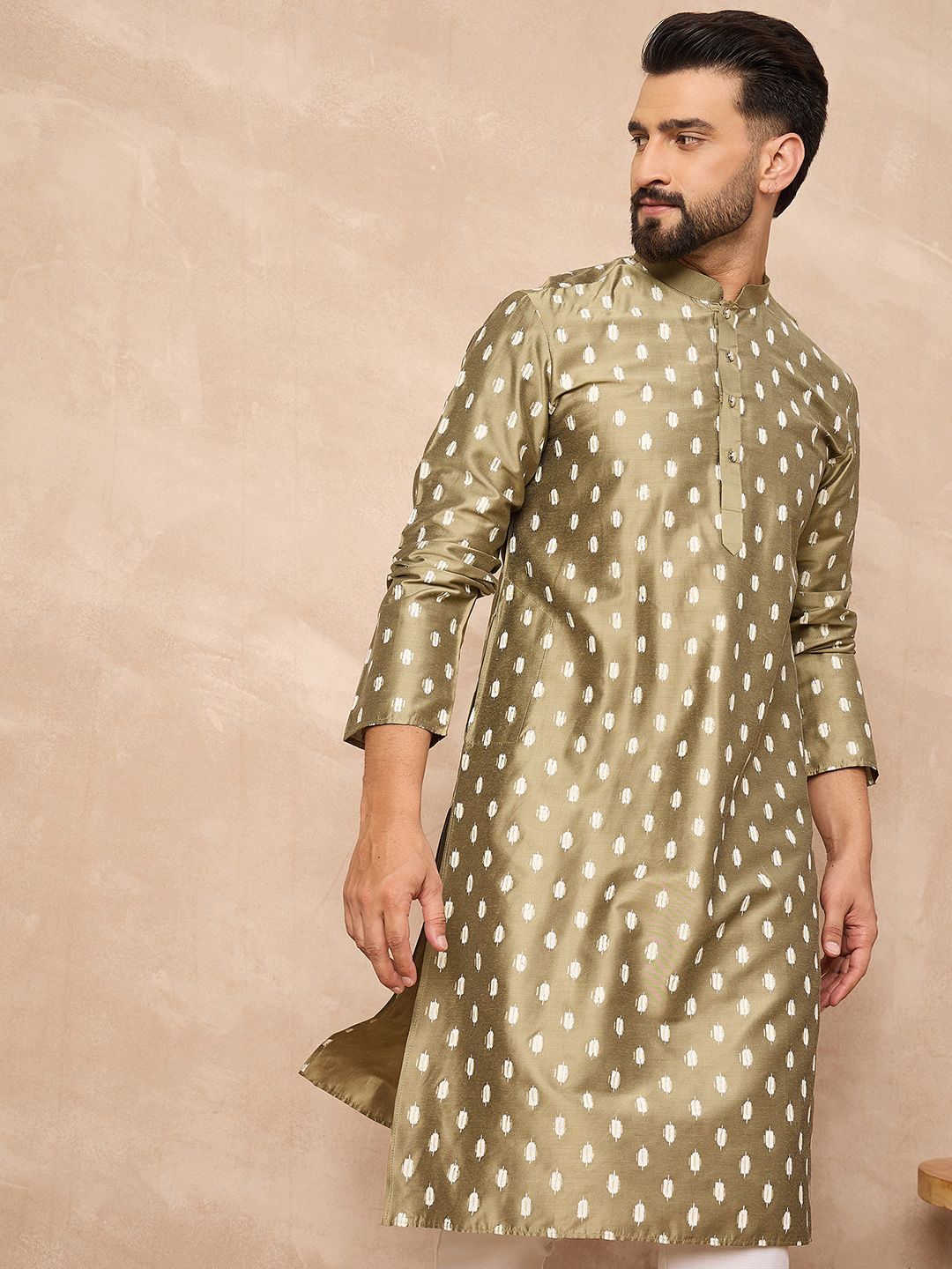 Ethnic Bay Men Ethnic Motifs Printed Ikat Festive Silk Straight Kurta