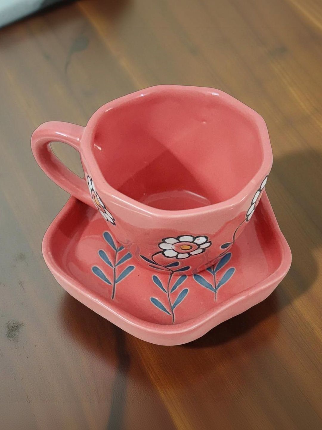 Lupaava Pink Floral Solid Ceramic Glossy Core Set of Cups and Mugs