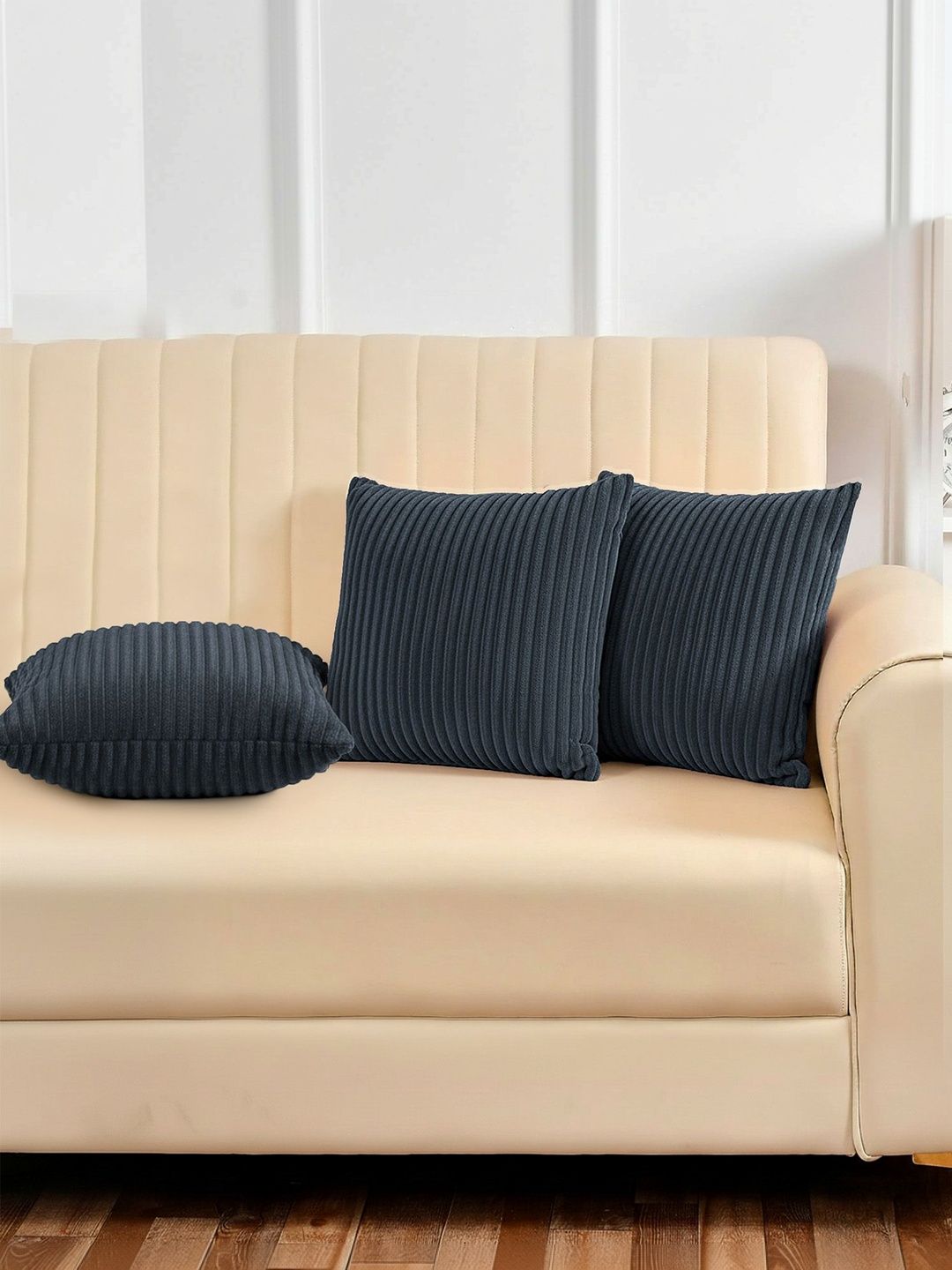 Yellow Weaves Grey Melange Set of 3 Striped Square Cushion Covers
