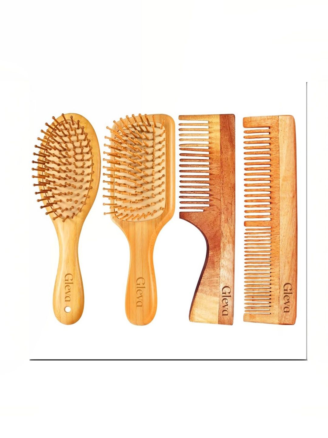 Gleva Set of 4 Neem & Bamboo Wooden Detangling Brush & Combs - Brown