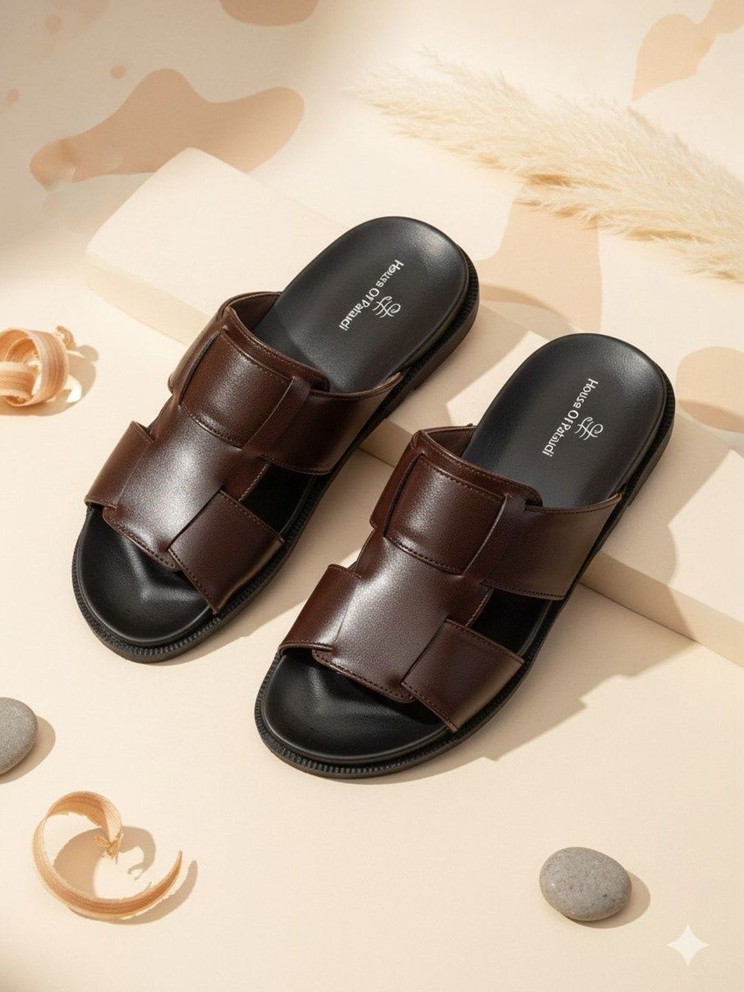 House of Pataudi Men Leather Slip-On Comfort Sandals