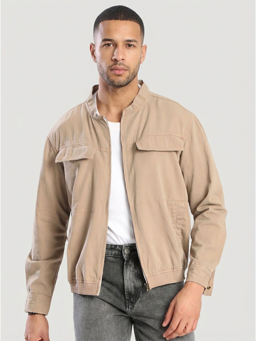 The Roadster Lifestyle Co Pure Cotton Relaxed-Fit Mock Collar Bomber Jacket