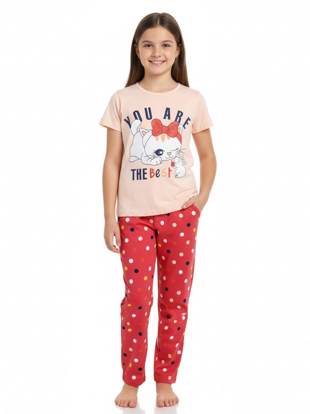 Todd N Teen Girls Peach-Coloured & Pink Printed Pure Cotton Night suit
