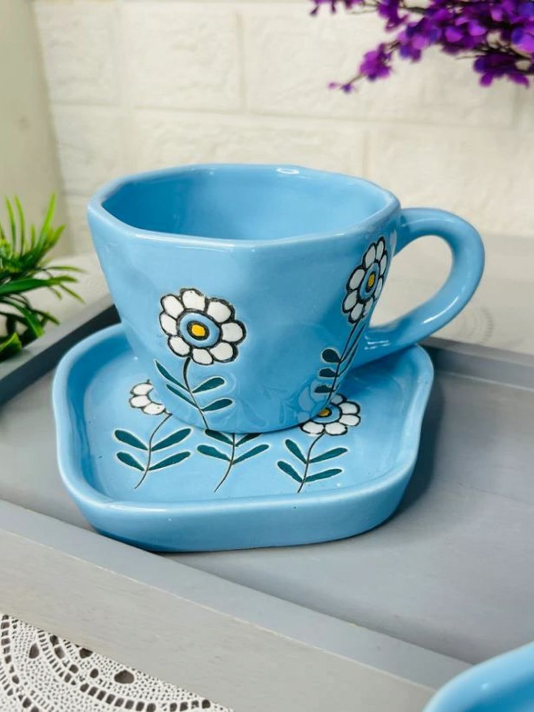 Lupaava Blue Floral Solid Ceramic Glossy Core Set of Cups and Mugs