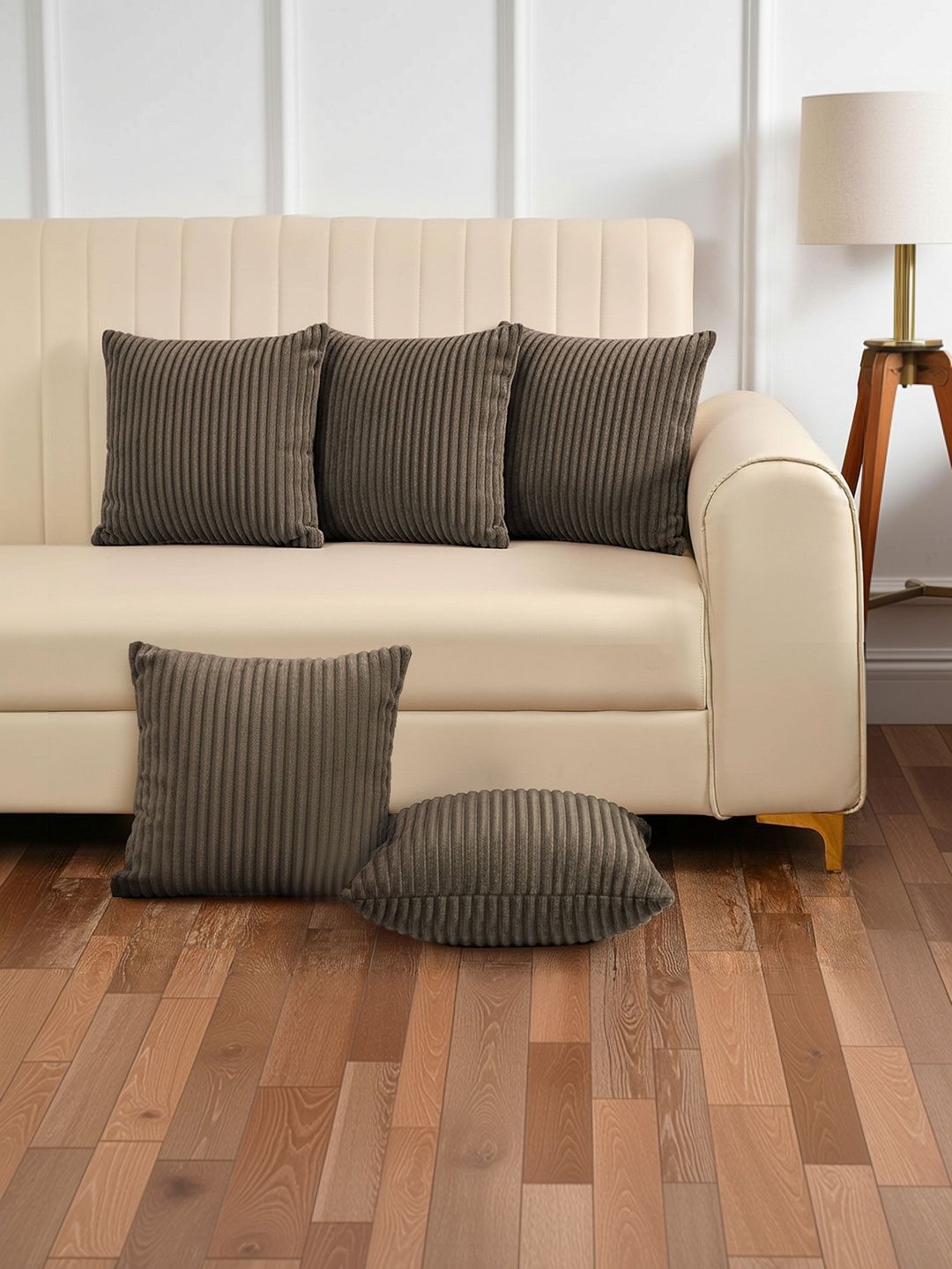 Yellow Weaves Tan Set of 5 Striped Square Cushion Covers