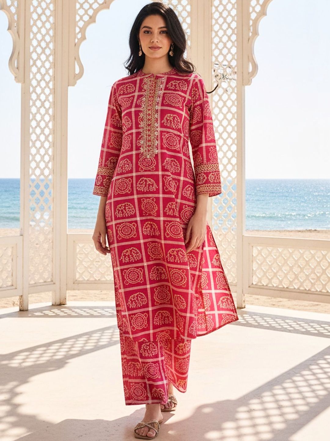 Indo Era Printed Mandarin Collar Top & Trousers Co-Ords