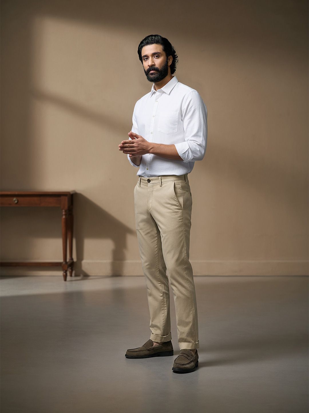 AD By Arvind Men Beige Modern Slim Fit Flat Front Chinos