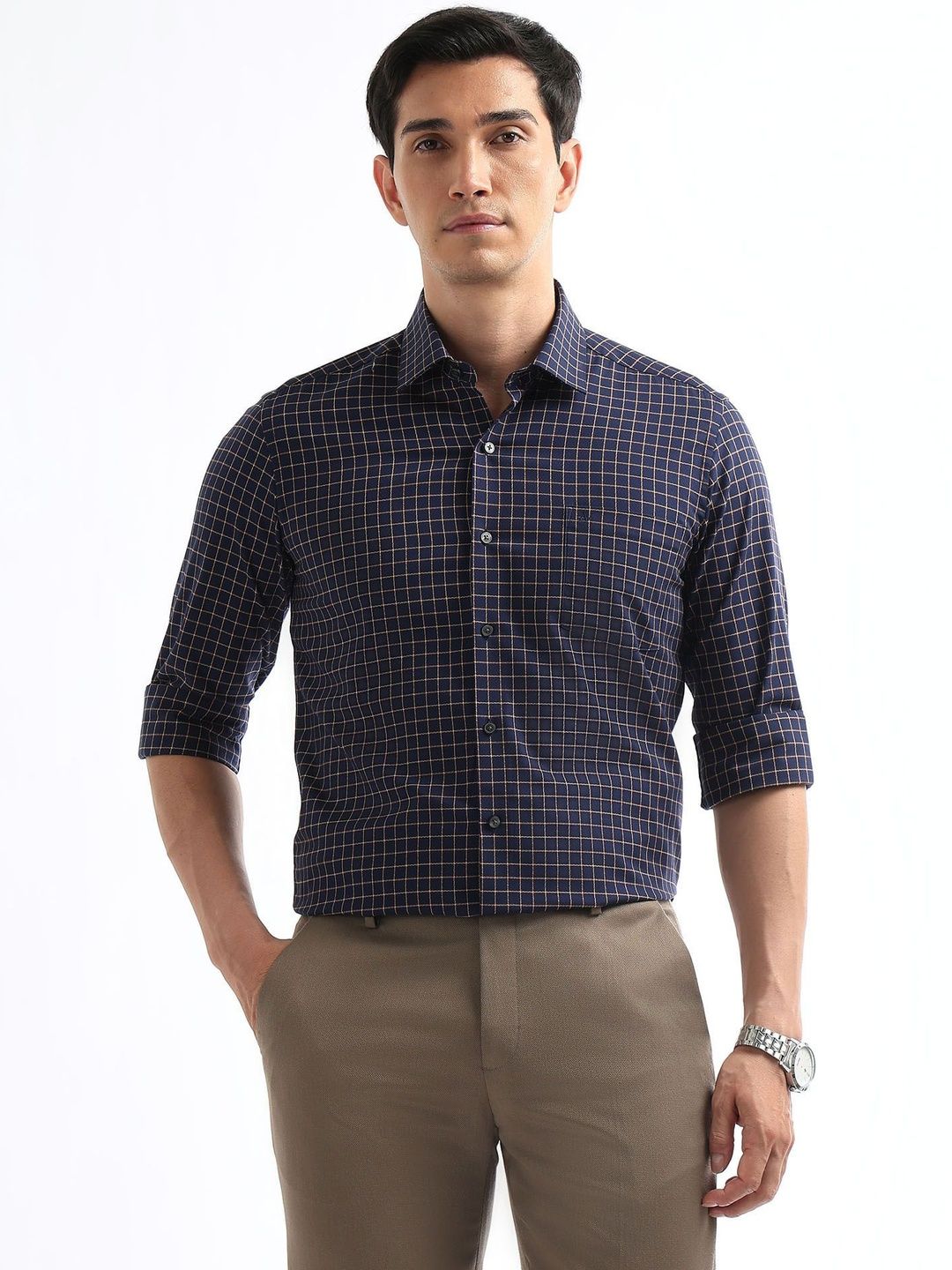 Arrow Men Slim Fit Windowpane Checks Checked Formal Shirt