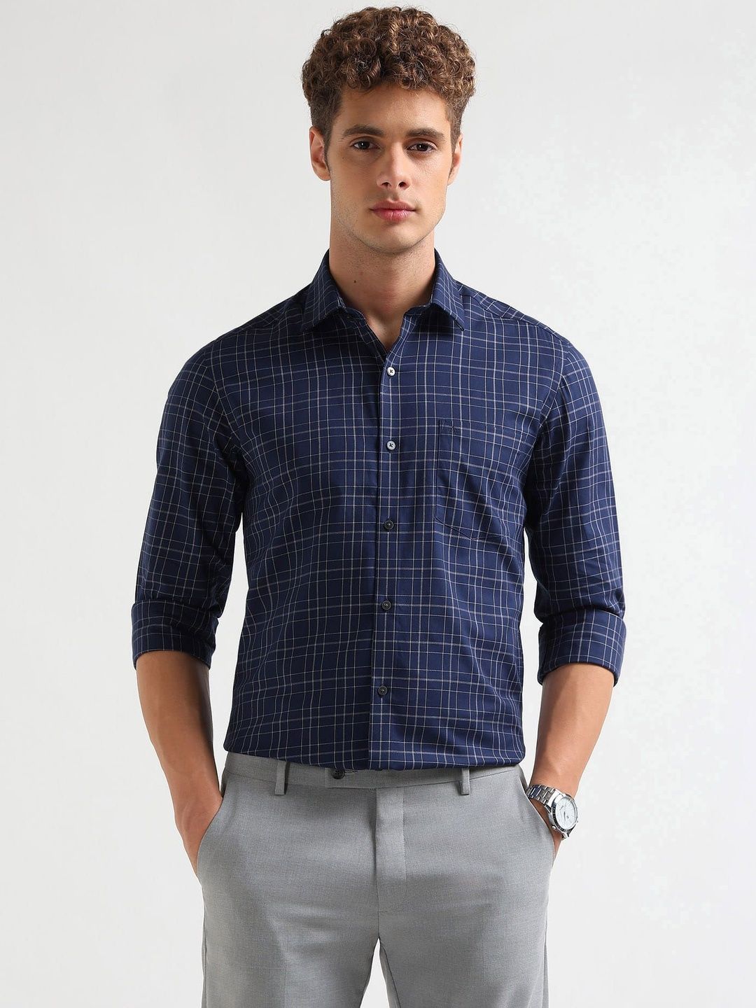 Arrow Men Slim Fit Windowpane Checks Checked Semiformal Shirt
