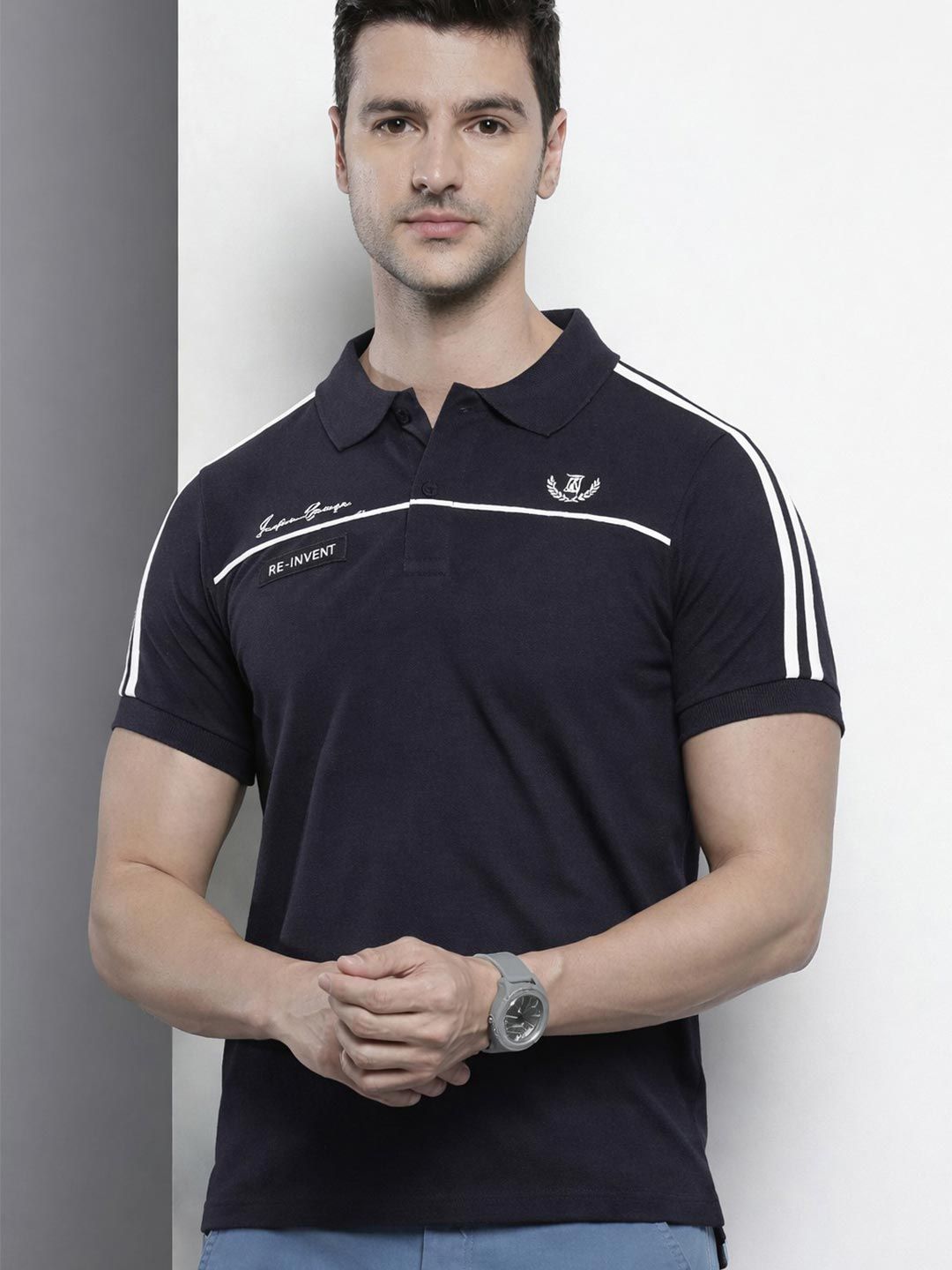 The Indian Garage Co Men Navy Blue Solid Polo Collar Applique Detail Slim Fit T-shirt