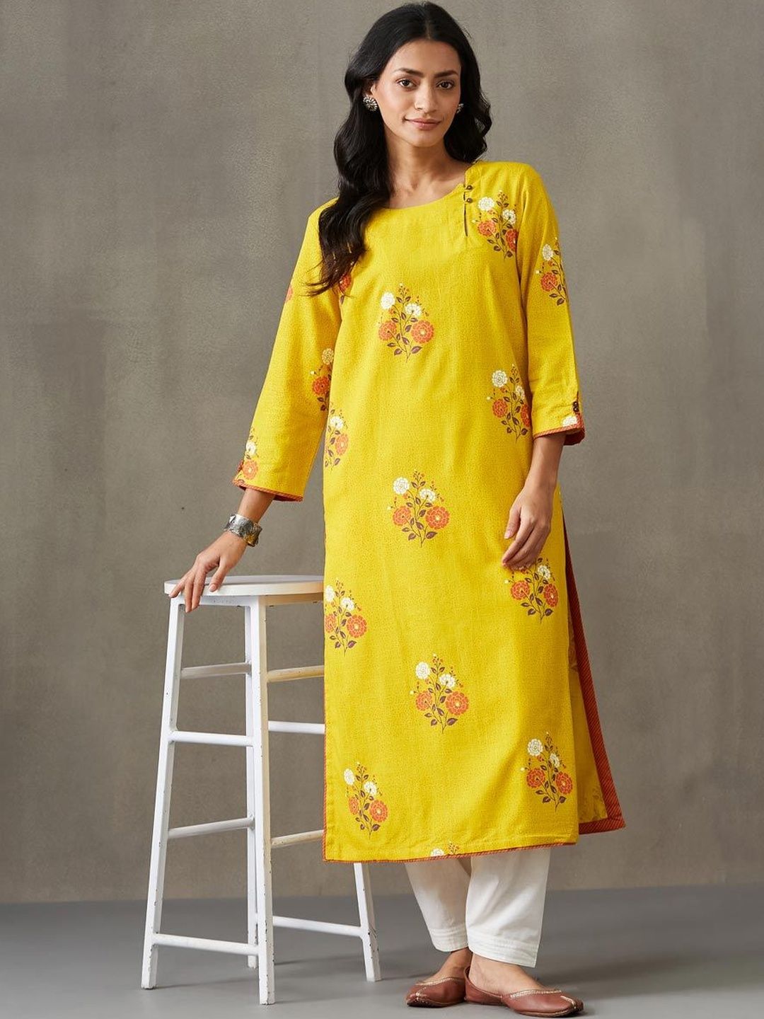 Women Floral Printed Kurta Fabindia Fabnu Mustard Cotton Kurta Long