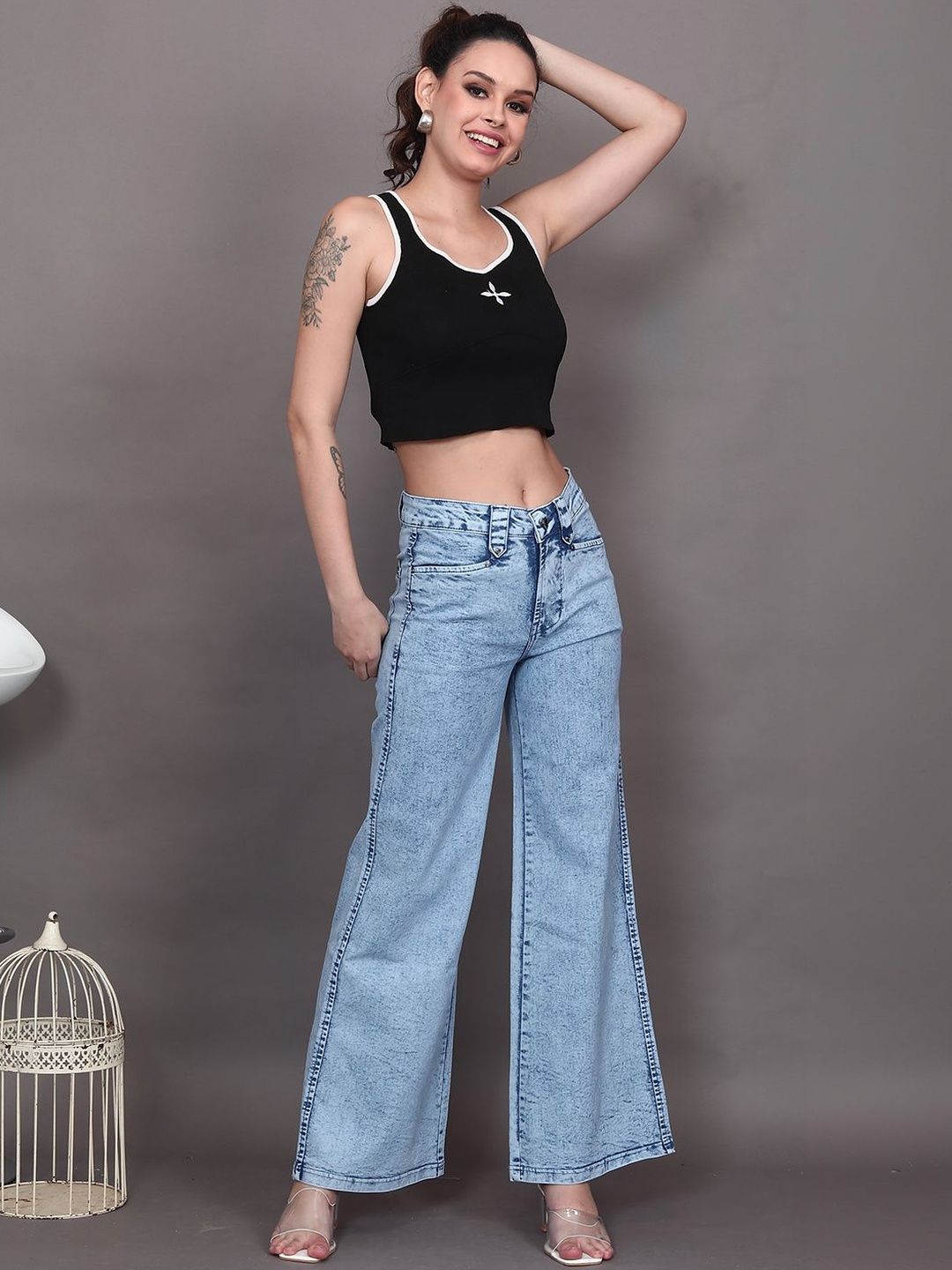 FCK-3 FCK-3 Women Wide Leg High-Rise Heavy Fade Stretchable Jeans