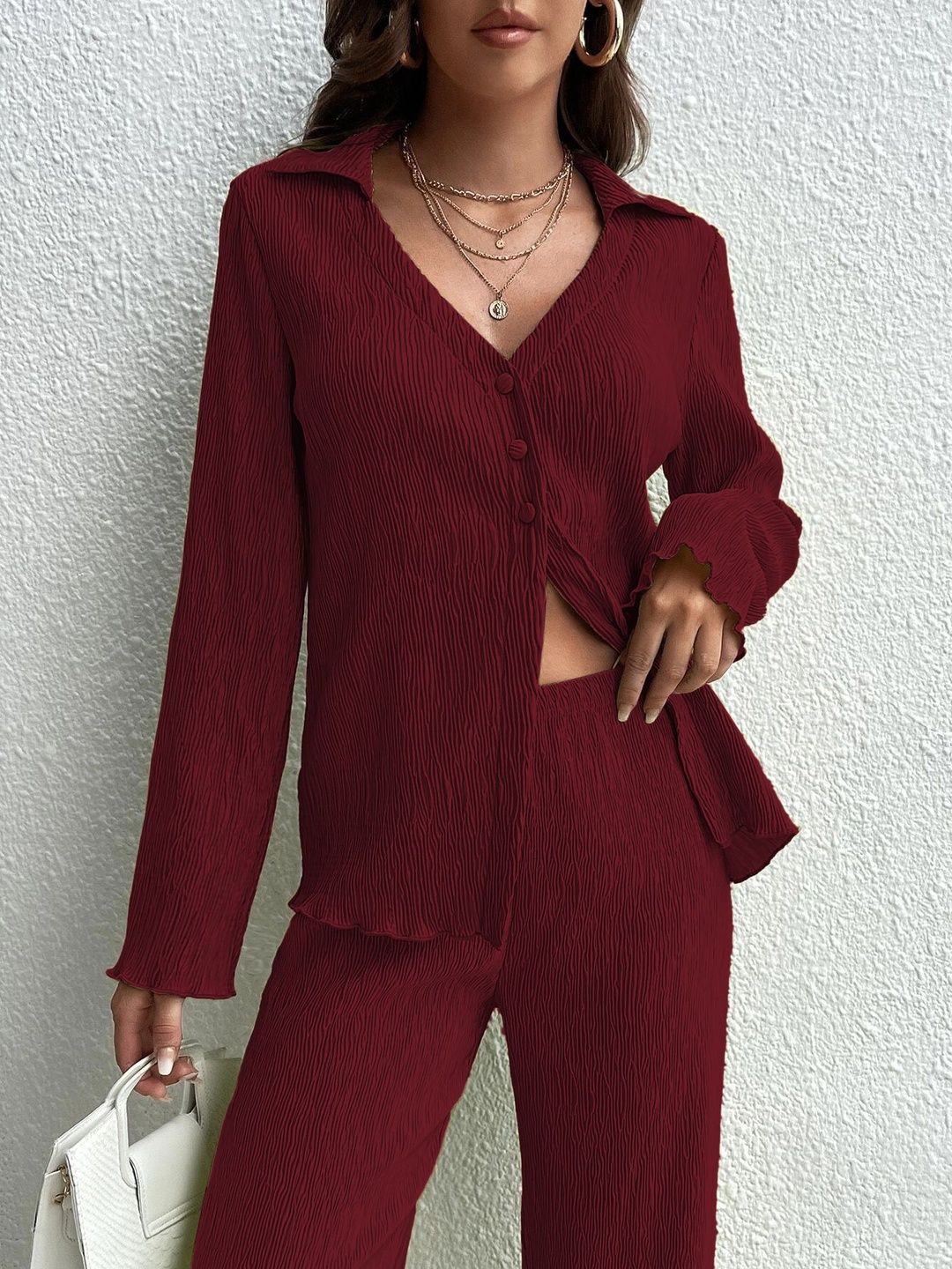 glitchez Maroon V-Neck Shirt & Trousers Co-Ords