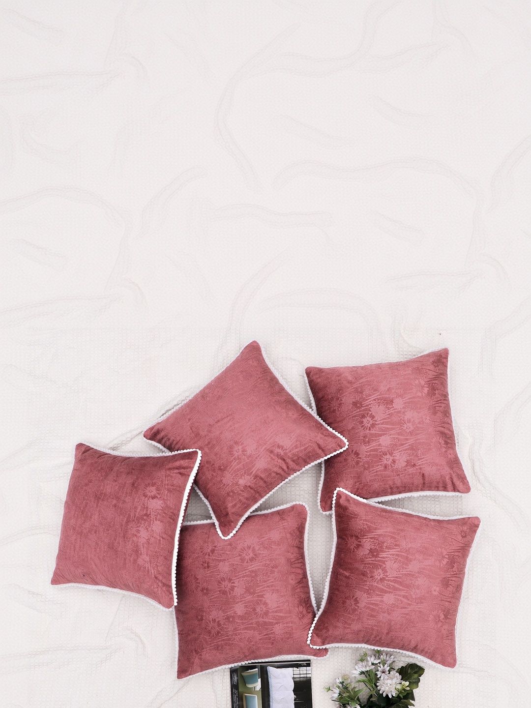 RD TREND Dusky-Pink Set of 5 Square Velvet Cushion Covers With Pom Pom 18x18 inch
