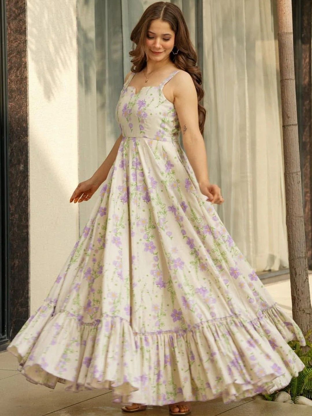 Buy Wedani Floral Print Ruffled Linen A-Line Maxi Dress - Dresses