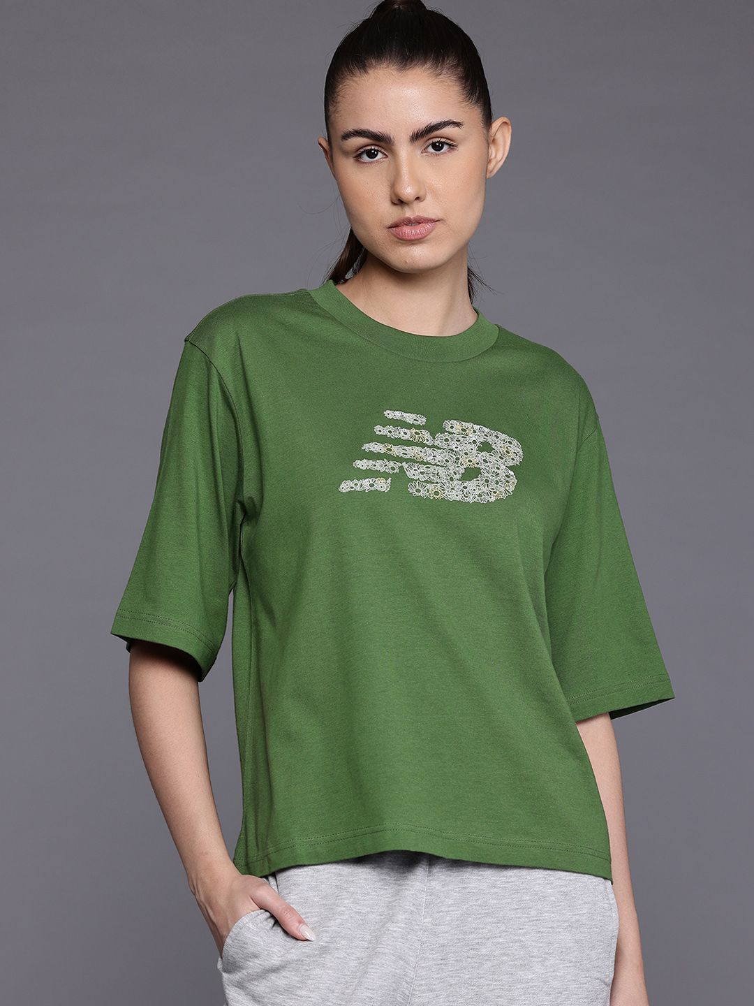 New Balance Flower Brand Logo Printed Drop-Shoulder Sleeves Pure Cotton T-shirt