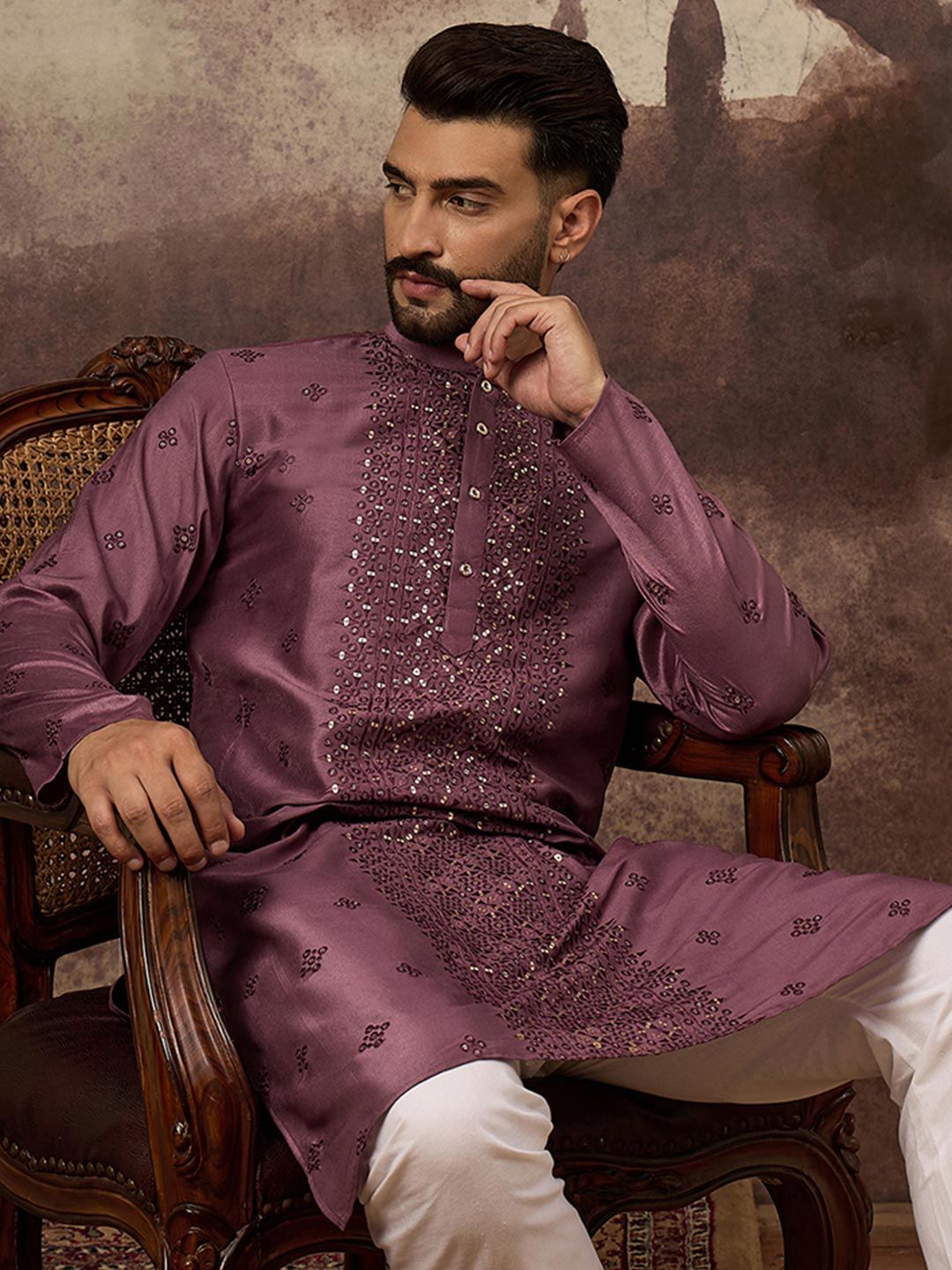 House of Pataudi Men Embellished Embroidered Sequin Straight Kurta