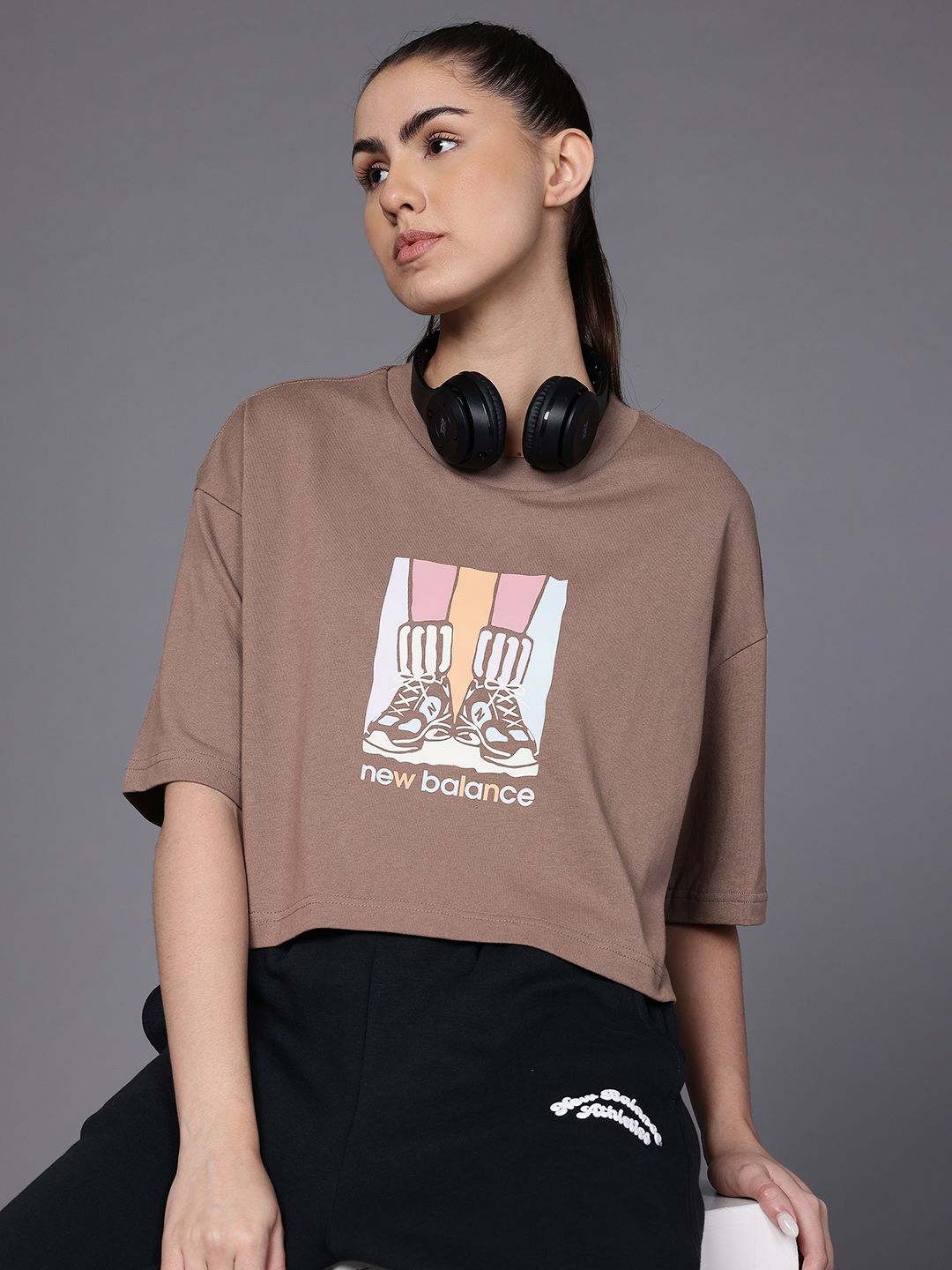 New Balance Graphic Printed Drop-Shoulder Sleeves Pure Cotton T-shirt