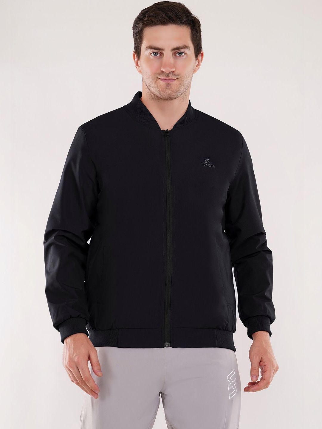 YAQR Men Brand Logo Lightweight Bomber Jacket