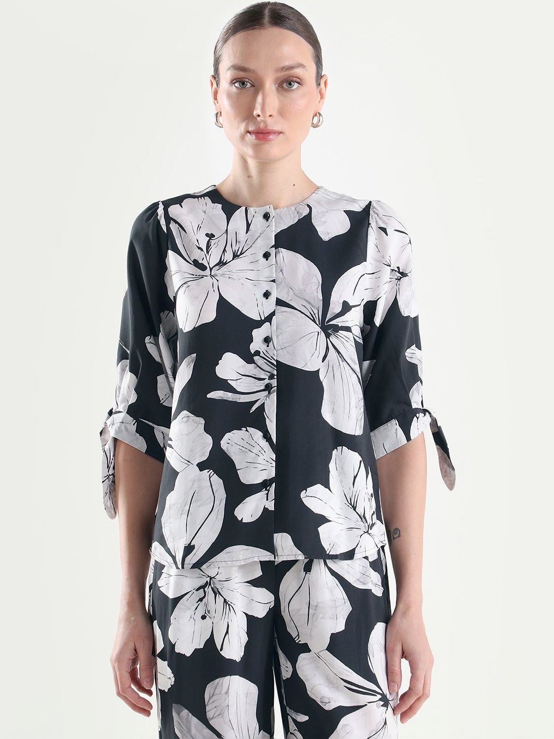 Women Vasha-T Top RAREISM Floral Print Roll-Up Sleeves Top