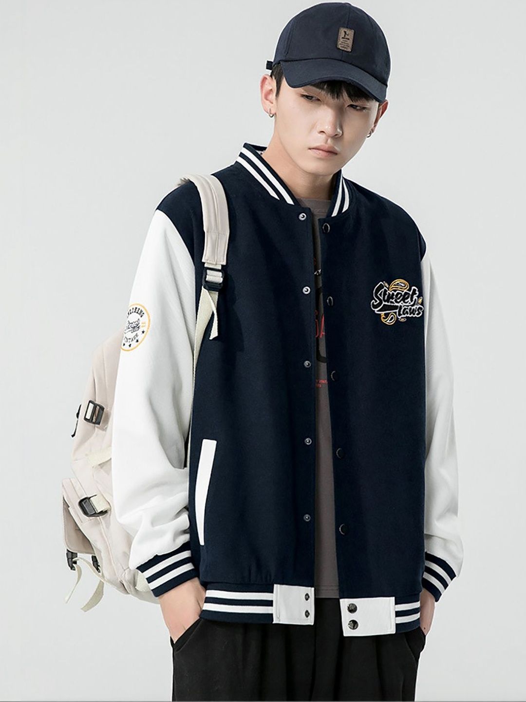 ANDREW HILL Men Brand Logo Colourblocked Varsity Jacket with Embroidered