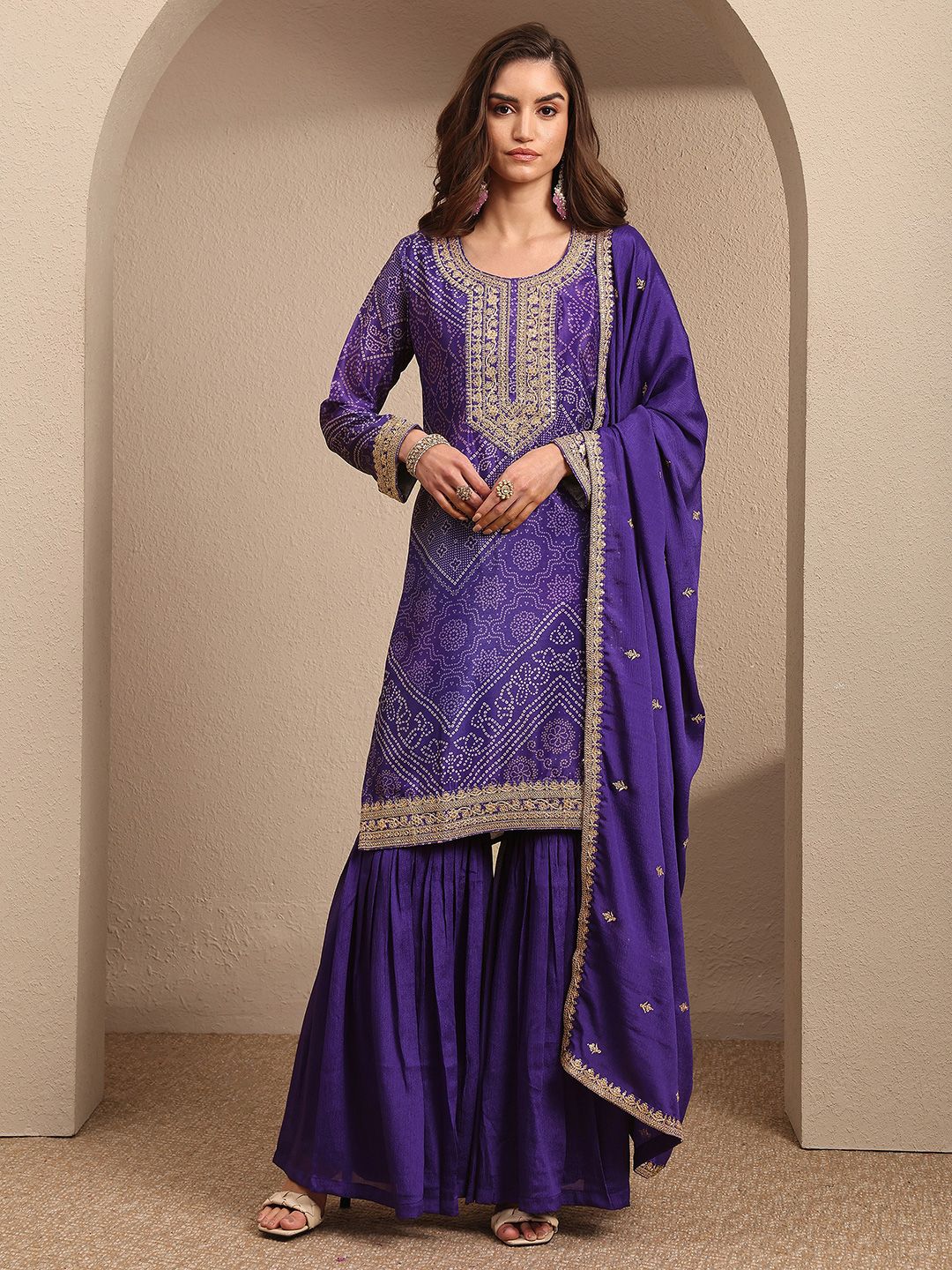 Libas Libas Women Ethnic Motifs Printed Regular Gotta Patti Kurta with Sharara & With Dupatta