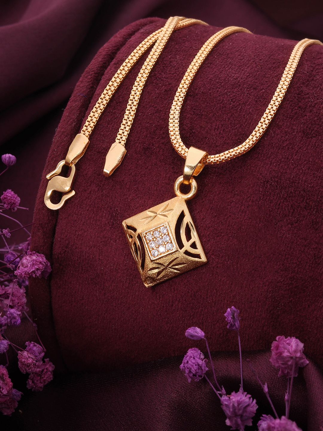 Sangria Set Of 3 Gold-Plated American-Diamond-Studded Pendant With Single Chain
