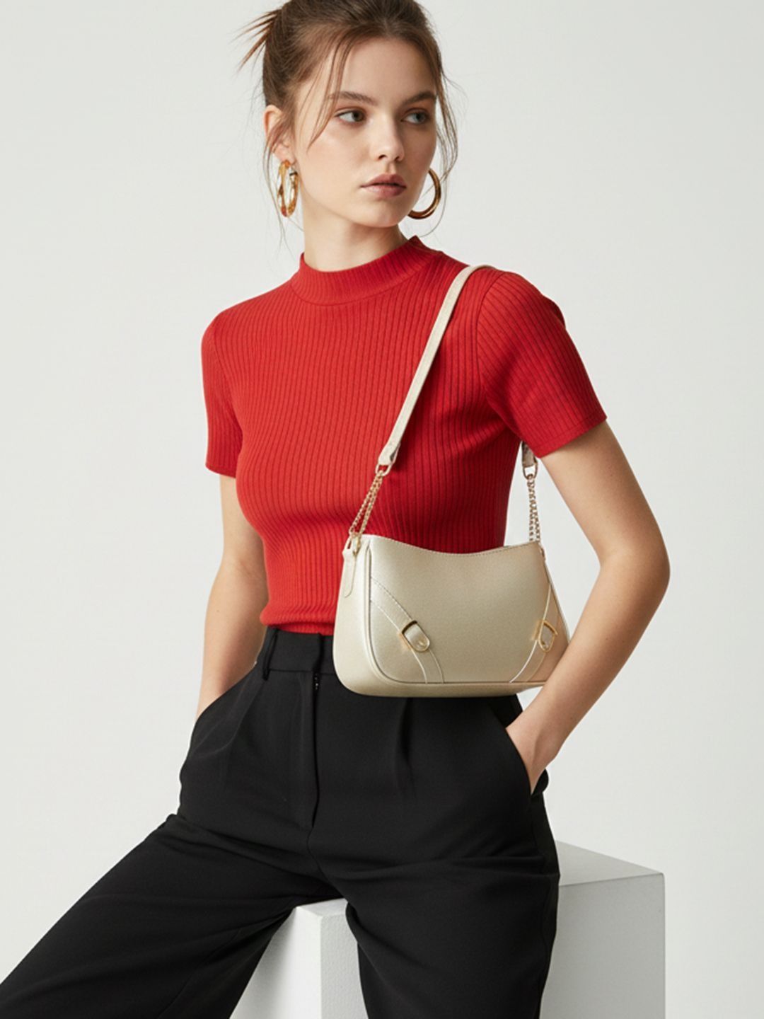 FABBHUE Textured Half Moon Shoulder Bag