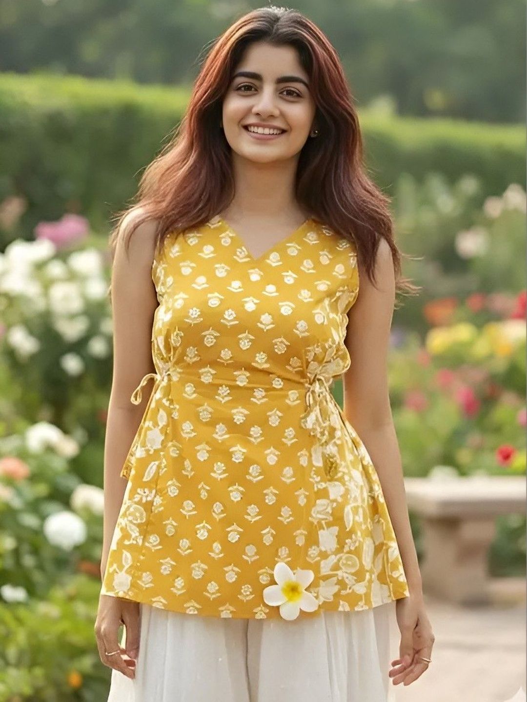 SAICHA Botanical Printed V-Neck Pure Cotton Angrakha Kurti