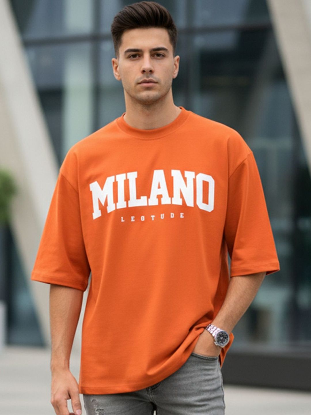 Leotude Men Typography Printed Drop-Shoulder Sleeves T-shirt