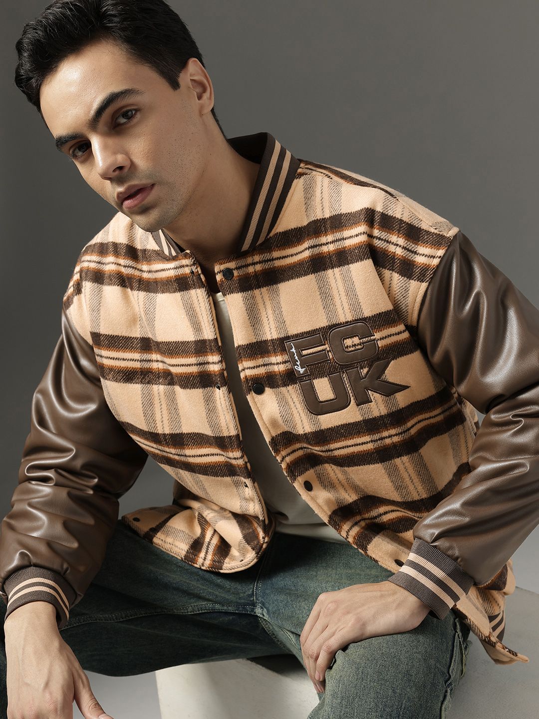 FCUK Mock Collar Checked Bomber Jacket