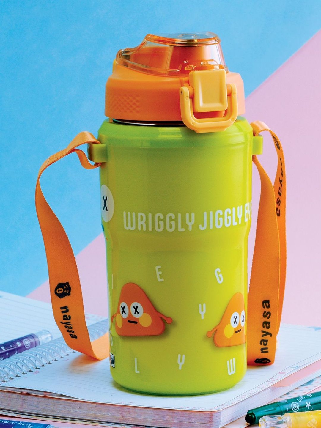Nayasa Single Duo Sip Green Wriggly Jiggly Print Steel Dual Sip With Strap Bottle 450ml