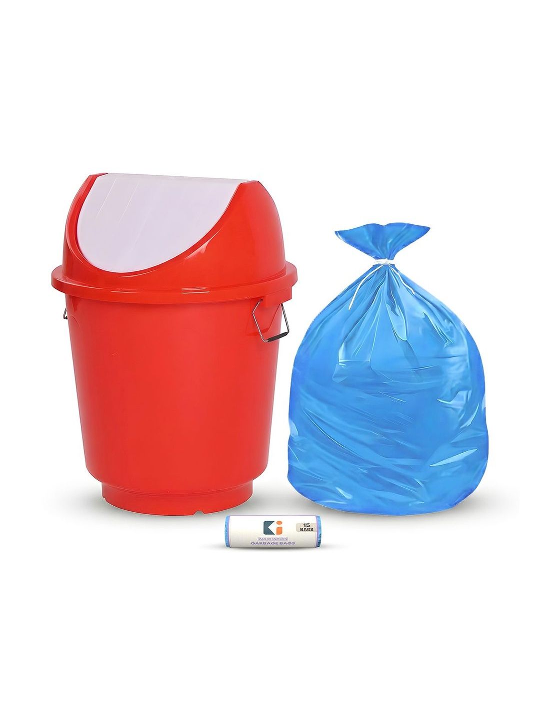 Kuber Industries Red & Blue Swing Lid Dustbin With 1 Roll Garbage Bags - 25L