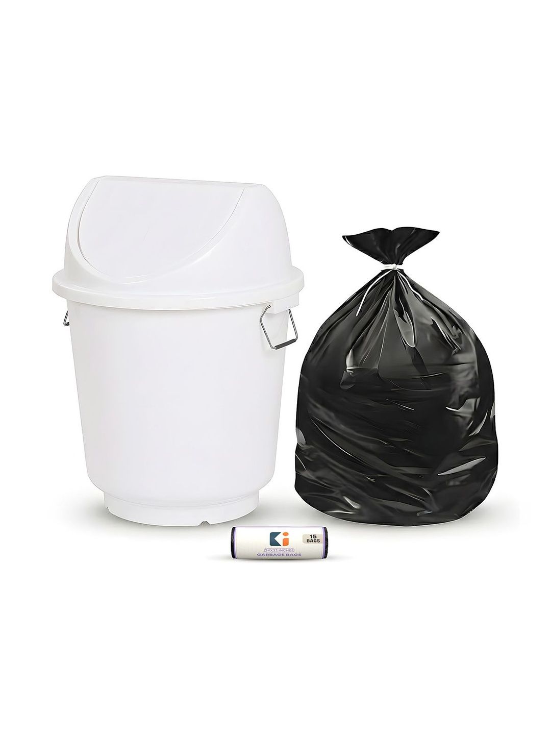 Kuber Industries White & Black Swing Lid Dustbin With 1 Roll Garbage Bags - 25L