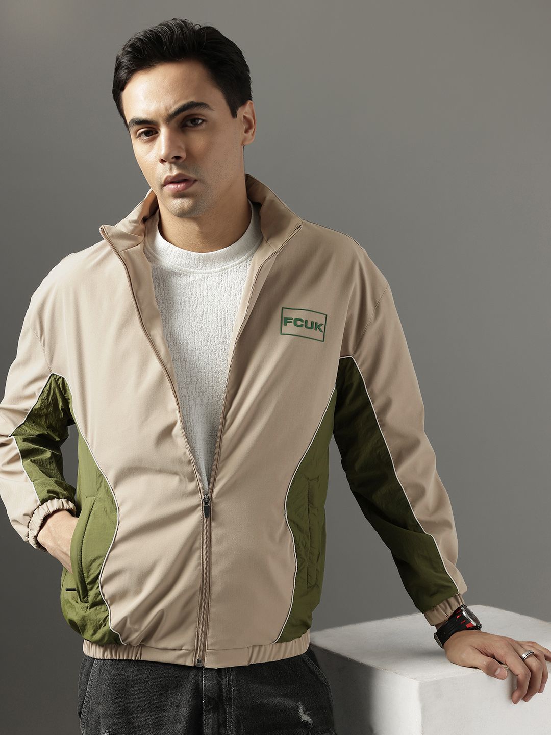 FCUK Mock Collar Colourblocked Jacket